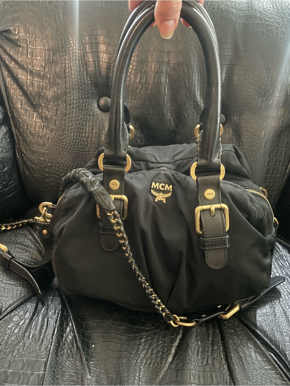 MCM black nylon two way satchel handbag crossbody gold black